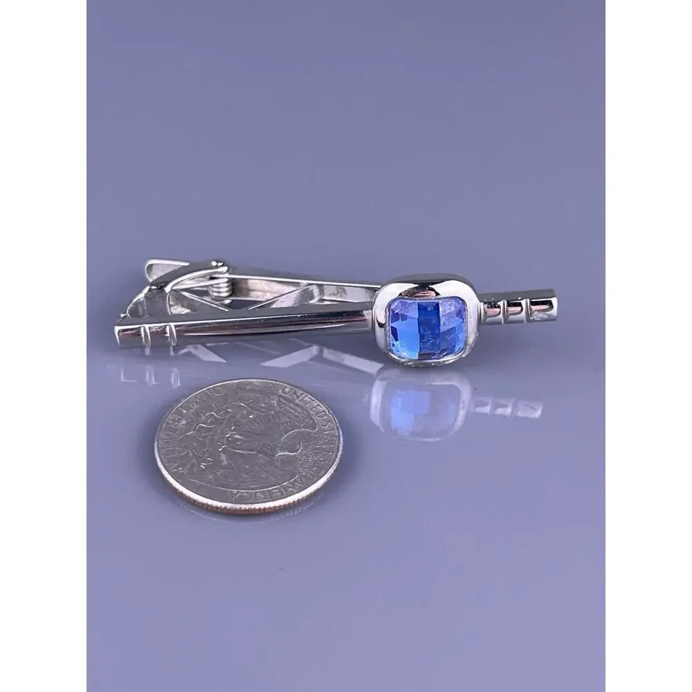 Square Blue Cut Rhinestone Cufflinks Tie Clip Pin Silver Tone Formal Vintage
